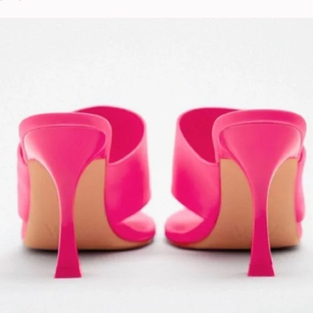 Zara Fuchsia Pink Satin Effect Pointed Toe High Heels Sandals Shoes - Picture 6 of 11